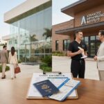 Split photo of a patient at a Mexican private hospital and a U.S. orthopedic center with a cost estimate and passport in foreground illustrating knee replacement medical tourism