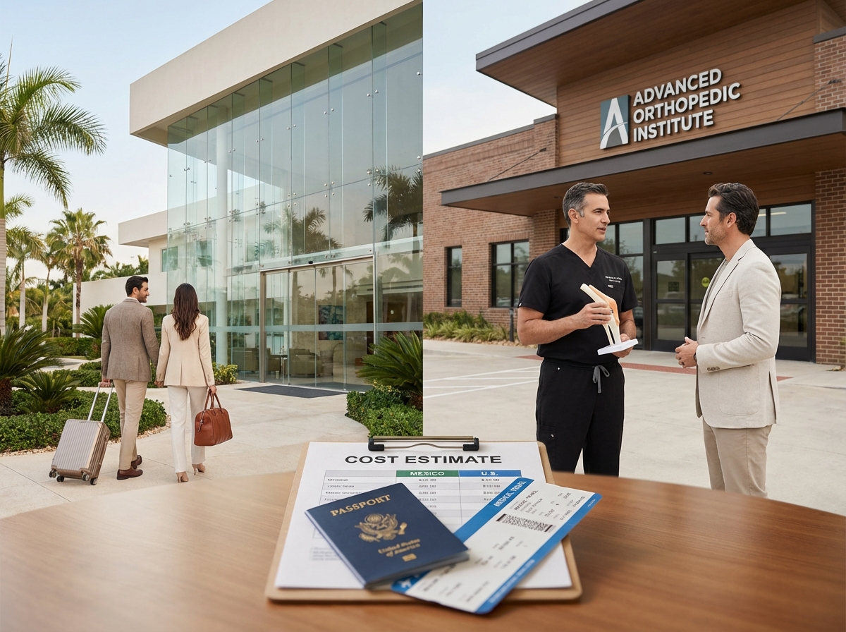 Split photo of a patient at a Mexican private hospital and a U.S. orthopedic center with a cost estimate and passport in foreground illustrating knee replacement medical tourism