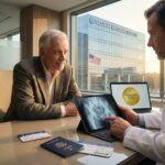 Older patient reviewing hip X‑ray with an orthopedic surgeon at a hospital desk alongside a U.S. Medicare card, passport and plane ticket, with an international hospital facade visible in the background
