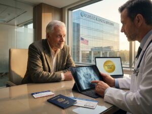 Older patient reviewing hip X‑ray with an orthopedic surgeon at a hospital desk alongside a U.S. Medicare card, passport and plane ticket, with an international hospital facade visible in the background