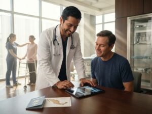 Patient consult with Mexican orthopedic surgeon reviewing X-rays in a modern hospital with travel documents on the table
