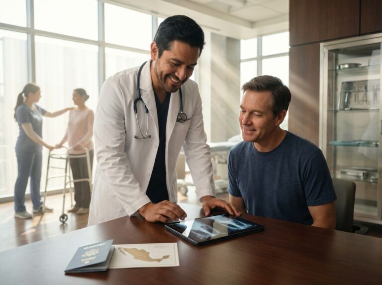 Patient consult with Mexican orthopedic surgeon reviewing X-rays in a modern hospital with travel documents on the table