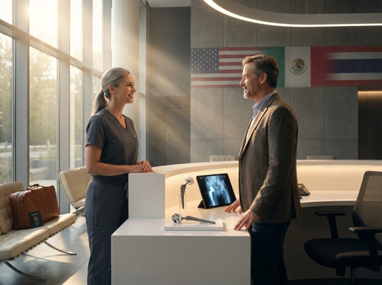Orthopedic surgeon consulting patient with hospital backdrop and subtle US Mexico Thailand flags, X-ray and suitcase visible