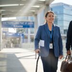Orthopedic patient with cane and companion walking toward the Tijuana border crossing with a private hospital visible in the background signaling medical travel