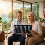 Orthopedic surgeon reviewing X-rays with a smiling patient in a modern Costa Rican hospital room with tropical greenery visible outside and travel and rehabilitation items nearby