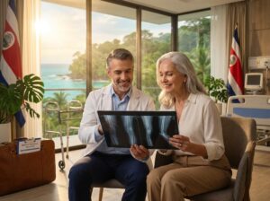 Orthopedic surgeon reviewing X-rays with a smiling patient in a modern Costa Rican hospital room with tropical greenery visible outside and travel and rehabilitation items nearby