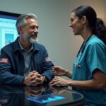 Patient consulting an orthopedic surgeon with small collage of India Thailand and Costa Rica landmarks and a price comparison chart