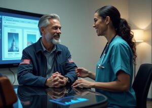 Patient consulting an orthopedic surgeon with small collage of India Thailand and Costa Rica landmarks and a price comparison chart