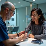 Patient consulting an orthopedic surgeon holding a hip implant model in a modern hospital, with travel documents and a telemedicine call visible, representing joint replacement surgery abroad planning