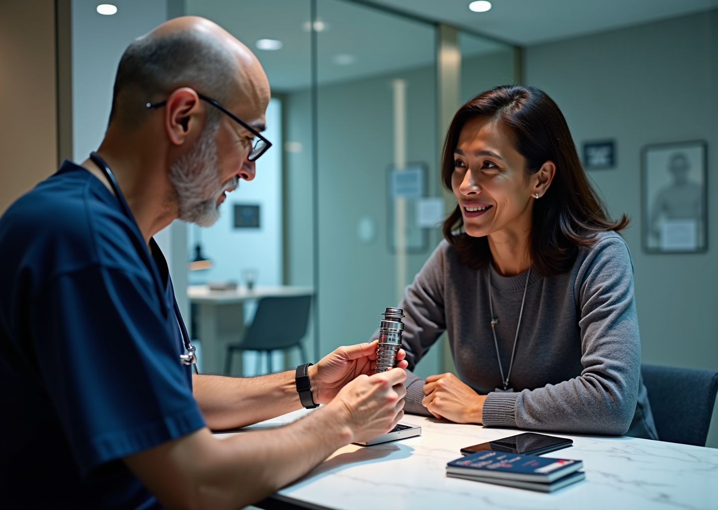 Patient consulting an orthopedic surgeon holding a hip implant model in a modern hospital, with travel documents and a telemedicine call visible, representing joint replacement surgery abroad planning