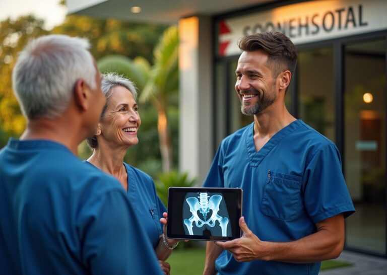 Private hospital in San José with a surgeon consulting a patient and companion, palm trees and city skyline in background, tablet showing an orthopedic X-ray