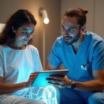 Patient consulting with an orthopedic surgeon beside a robotic arm and a tablet showing a knee 3D plan, with a passport and airplane ticket visible on a nearby table