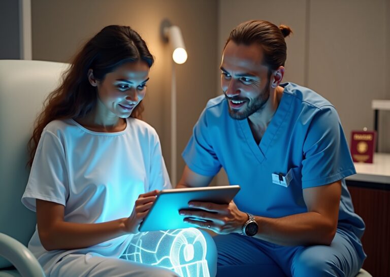 Patient consulting with an orthopedic surgeon beside a robotic arm and a tablet showing a knee 3D plan, with a passport and airplane ticket visible on a nearby table