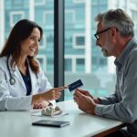 American patient consulting with orthopedic surgeon holding HSA card and passport beside a hip implant model in front of an international hospital