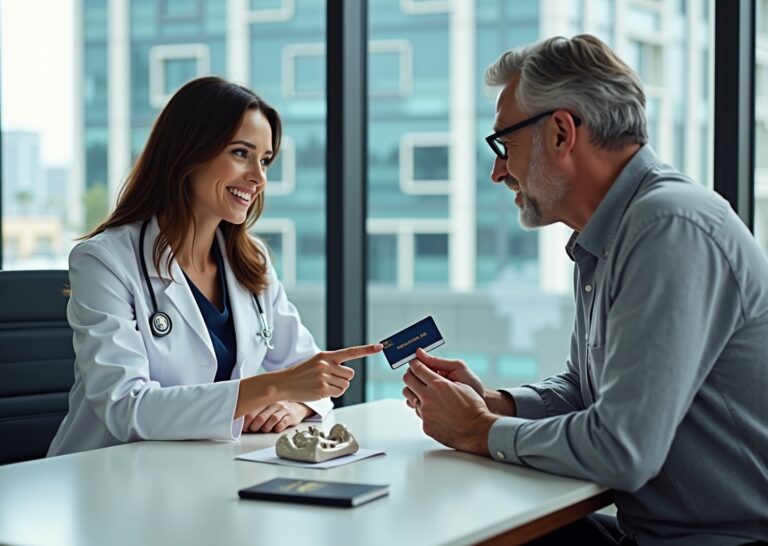 American patient consulting with orthopedic surgeon holding HSA card and passport beside a hip implant model in front of an international hospital