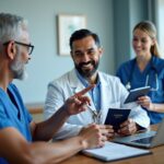 Patient with passport consulting an orthopedic surgeon over a hip X-ray in a modern hospital consultation room