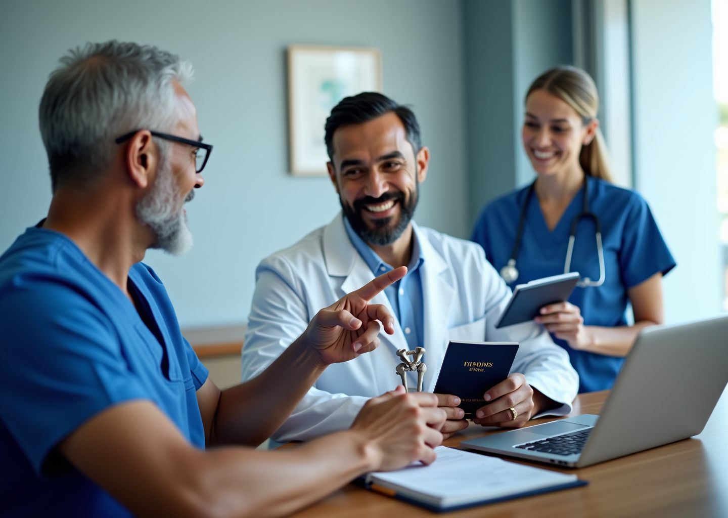 Patient with passport consulting an orthopedic surgeon over a hip X-ray in a modern hospital consultation room
