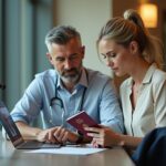 Orthopedic patient and companion at a hospital entrance with passport and medical paperwork displaying international travel and recovery planning