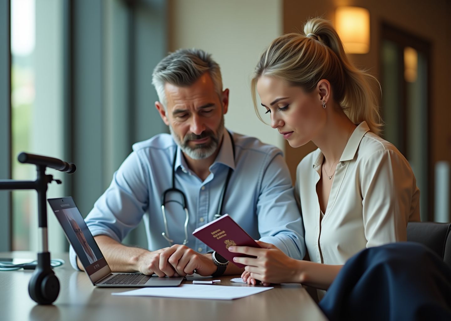 Orthopedic patient and companion at a hospital entrance with passport and medical paperwork displaying international travel and recovery planning