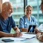 Patient consulting surgeon about hip replacement abroad with passport, insurance documents and hospital brochure on table