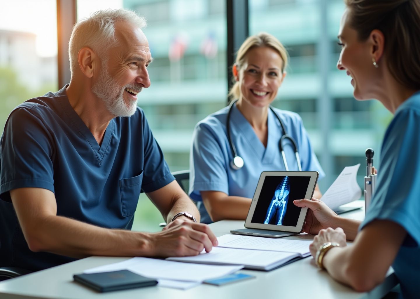 Patient consulting surgeon about hip replacement abroad with passport, insurance documents and hospital brochure on table